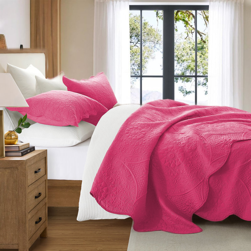 Floral Embossed Microfiber Quilted Bedspread Set, Pink, Queen Coverlet/Bedspread + 2 Standard Pillowcases