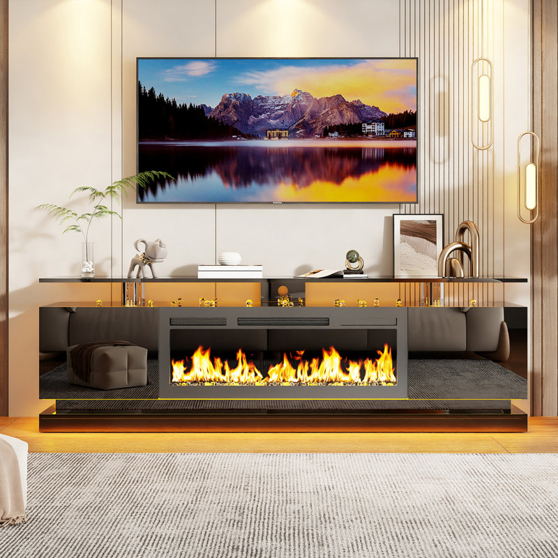 Denton TV Stand for TVs up to 80'' with Electric Fireplace, High Gloss Entertainment Center with LED Lights, Modern TV Console Cabinet, Media Console