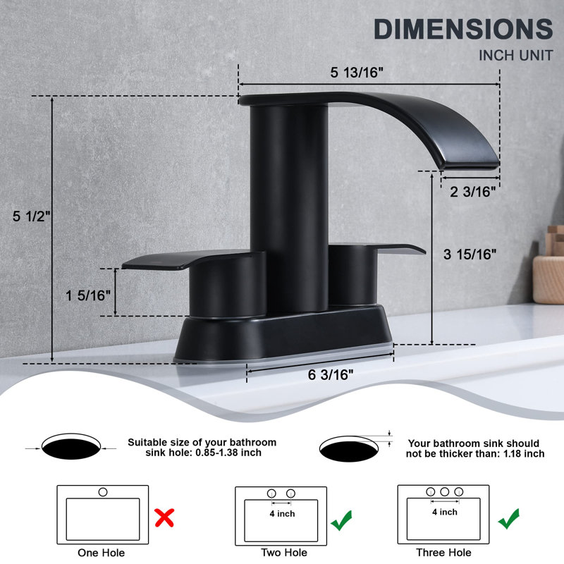 4 in. Centerset Double Handle Waterfall Spout Bathroom Sink Faucet with Pop-up Drain (2 Pack), Matte Black