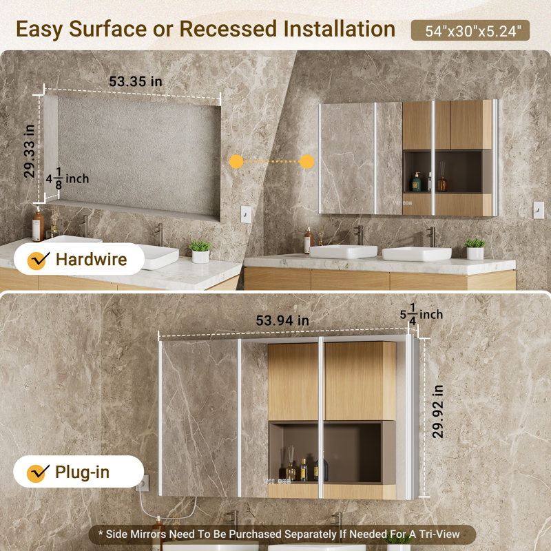 54" W x 30" H LED Medicine Cabinet with Mirror, Dimmable 3-Color Lighting, Anti-Fog, Outlet & USB Ports, Recessed/Surface Mount