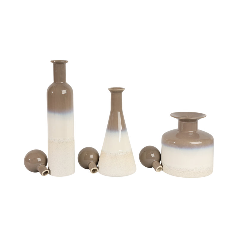 Elegant Glazed Ceramic Decorative Vase for Home Decor - Flower Vases with Modern Shapes, Perfect for Fresh or Faux Floral Displays - Set of 3 Bottles, 21", Ivory