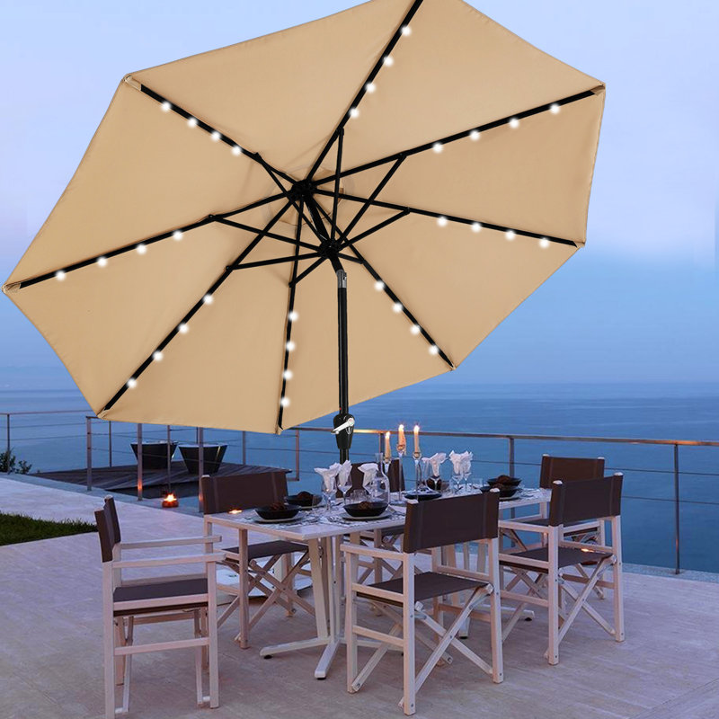 Parasol de marché solaire à DEL Cutshall avec inclinaison et relevage à manivelle, Kaki, 10.5'