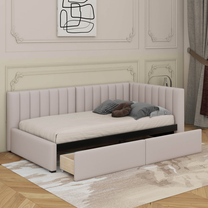Lit de jour simple tapissier avec 2 tiroirs, Beige