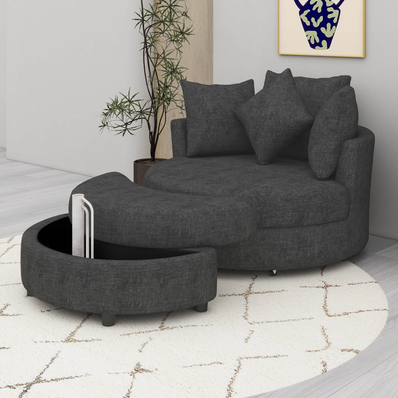 Fauteuil demi-tonneau pivotant à 360 ° avec repose-pieds de rangement et 4 coussins, fauteuil de loisirs moderne en chenille