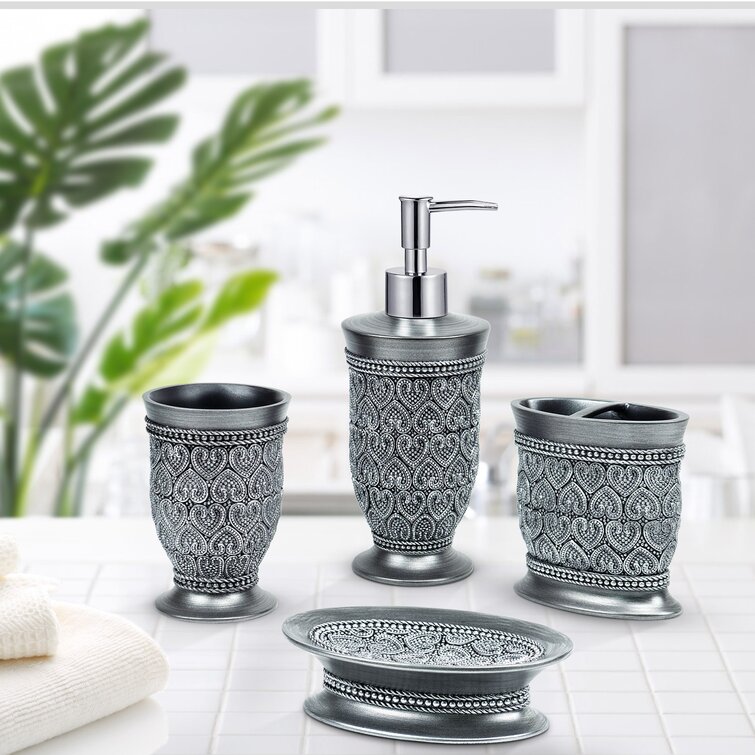 Creative Scents Bathroom Accessories Set 4-Piece Silver Mosaic Glass Luxury Bathroom Gift Set Includes Soap Dispenser Toothbrush Holder Tumbler