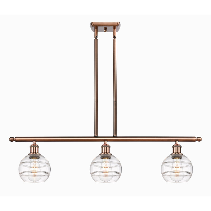 Luminaire suspendu pour îlot de cuisine à 3 lumières Chartoff, Cuivre antique, Transparent