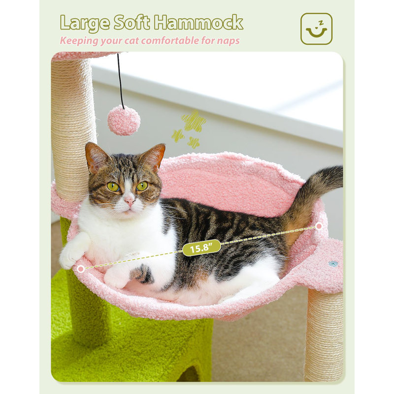 Flower Cat Tree With Large Metal Frame Hammock, 35" Cute Cat Tower With Sisal Scratching Posts For Small Indoor Cats, Cat Condo With Pink Top Perch For Kittens, Pink