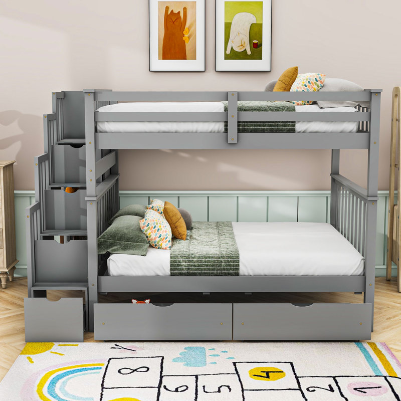 Aurore Full Bunk Bed with Storage Stairs and Drawers, Gray