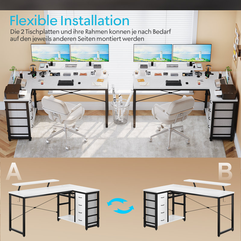 L-Shaped Metal Base Computer Desk, White