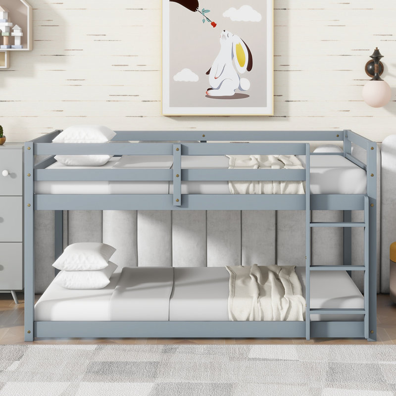 Solid Wood Twin over Twin Loft Bed with Ladder – Low Height, Durable Slats & Underbed Storage,Grey, Gray