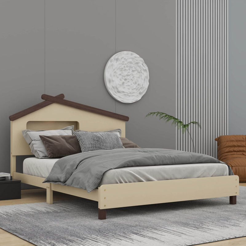 Lit plateforme en bois Ceirah, Crème / noyer