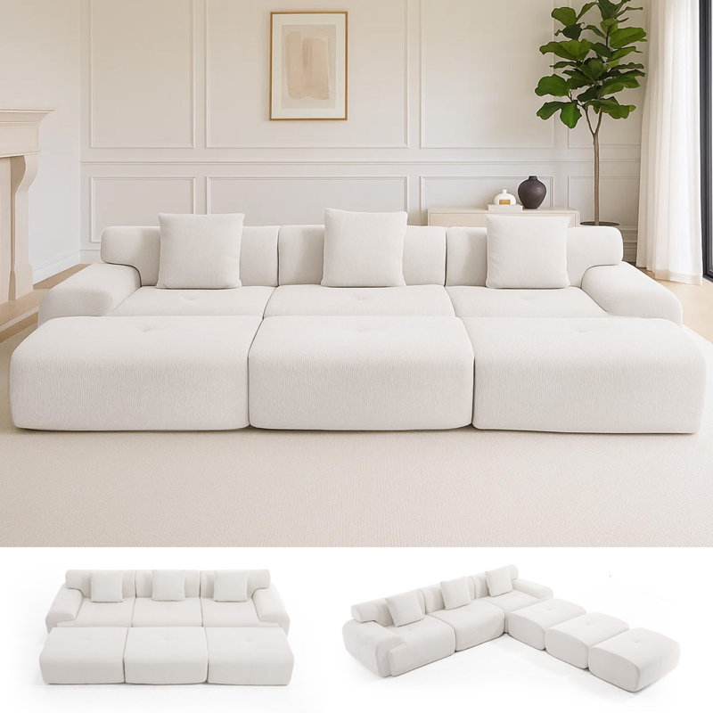 Boneless Corduroy Modern Compressed Block Sectional Couch, Beige Corduroy