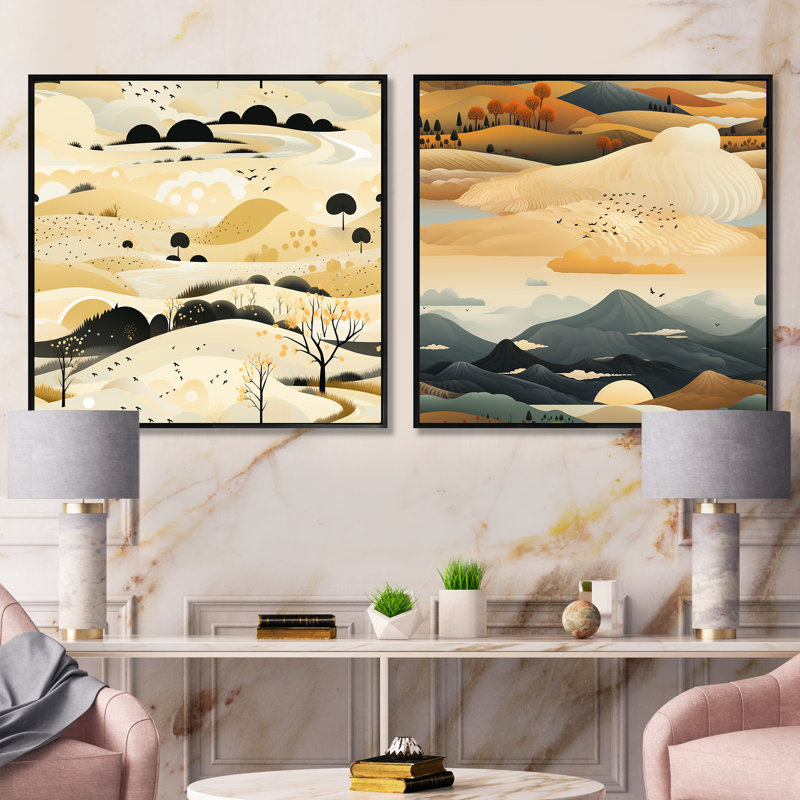Marozas - Ensemble de 2 collages carrés abstraits, Cadre flottant noir, H 30 po x l 61 po