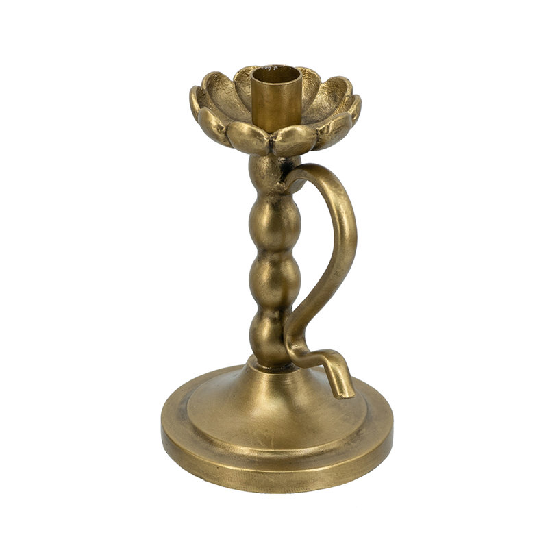 Porte-bougie décoratif en fer doré avec motif nervuré et poignée courbée, H 7,3 po x l 4,9 po x P 4,3 po