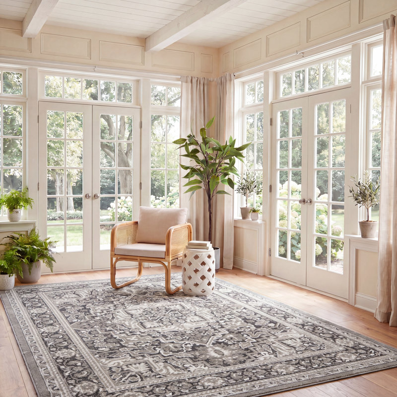 Brysin Oriental Machine Woven Power Loom Polypropylene Area Rug in Ivory/Gray, Rectangle 8' x 10'