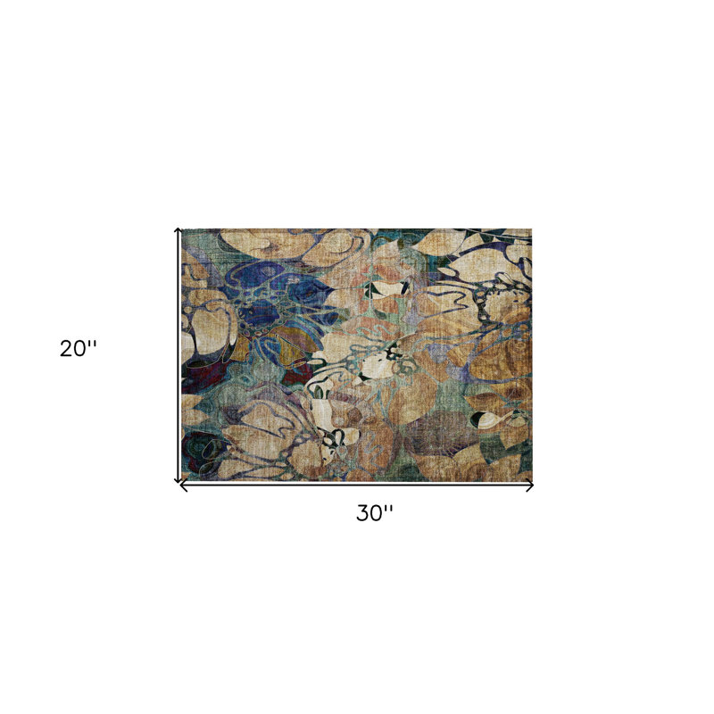 Tapis intérieur antidérapant beige et bleu à motif floral lavable 2 pi x 3 pi