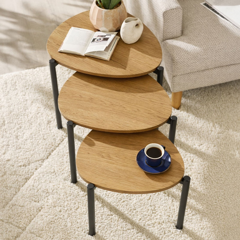 Tavy Three Leg Wedge Nesting Side Tables, Oak Wood