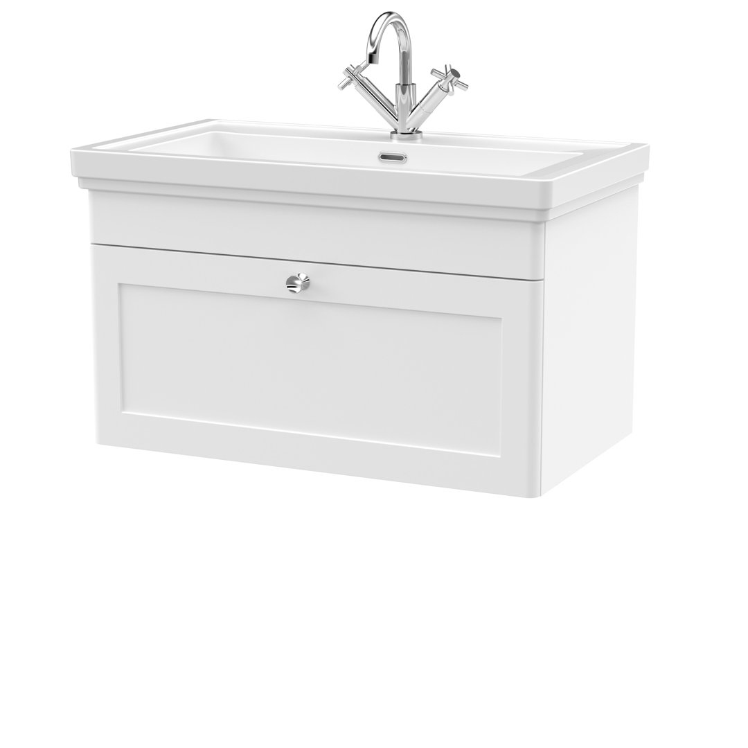 nuie Classique 800mm Wall Hung Vanity Unit with 1 Tap Hole Fireclay Basin - Satin White - Image 3