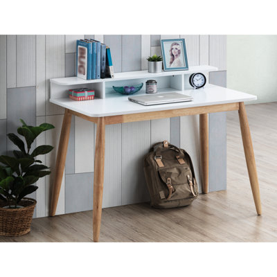 Mid-century Modern Writing Desk With , White - Top & Solid Rubber Wood Legs 43"w X 23.6"d 34.4"h Construction Study