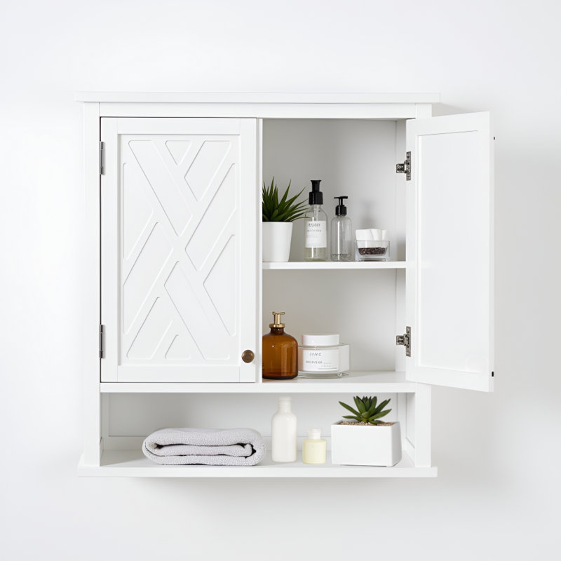 Armoire de salle de bain murale peu encombrante avec portes de style Shaker, tablette réglable et rangement ouvert Lund