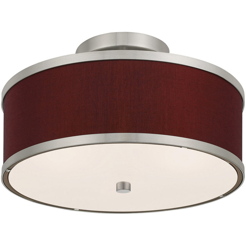 Plafonnier semi-encastré en tissu Enda, Nickel brossé, H 8 po x l 13 po x P 13 po, Rouge