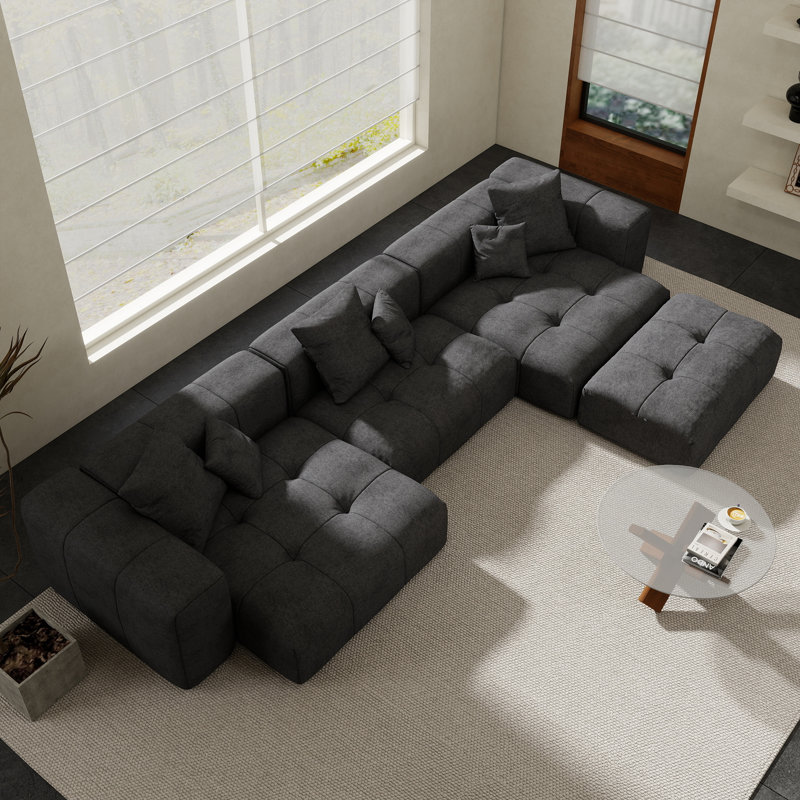 Kay Crumley 4-Piece Upholstered Modern Linen Fabric Sectional Sofa With Ottoman, Black