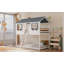 Lit superposé simple au-dessus d'un lit simple en bois avec toit, fenêtre, garde-corps et échelle (blanc)