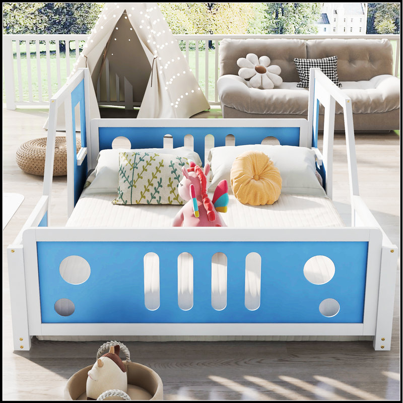 Lit plateforme classique en forme de voiture avec roulettes, construction robuste en pin et en bois aggloméré, idéal pour les chambres d'enfants et les espaces créatifs