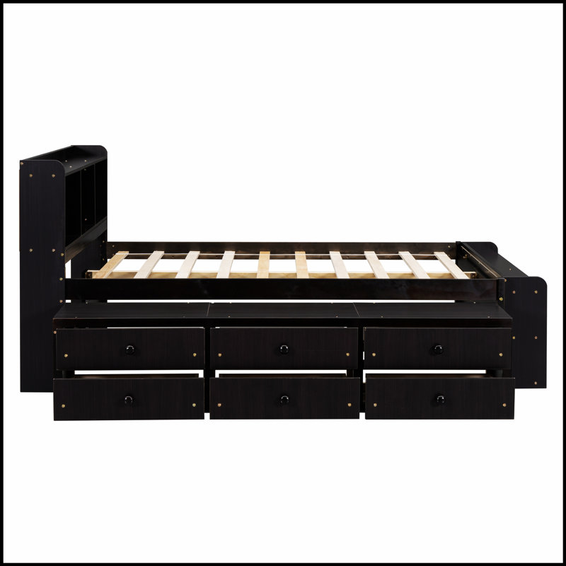 Lit multifonctionnel avec bibliothèque latérale et tiroirs, parfait pour les chambres organisées et élégantes, Espresso