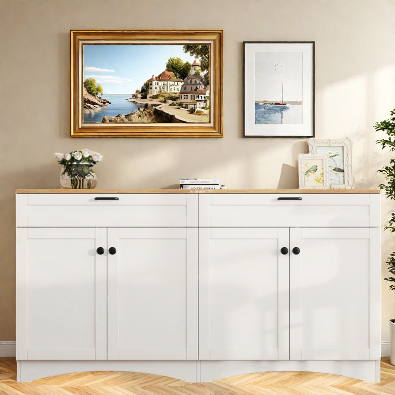 Buffet Farmhouse avec tablettes réglables et poignées rustiques, White