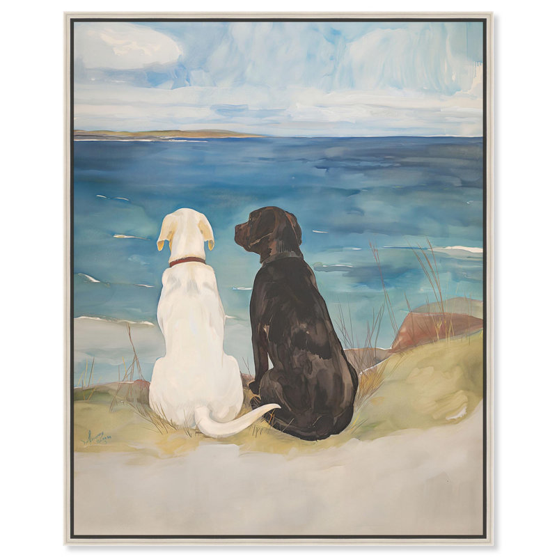 «Dog Perfect pair», toile côtière par Art Remedy, H 25 po x l 21 po, Cadre flottant argent