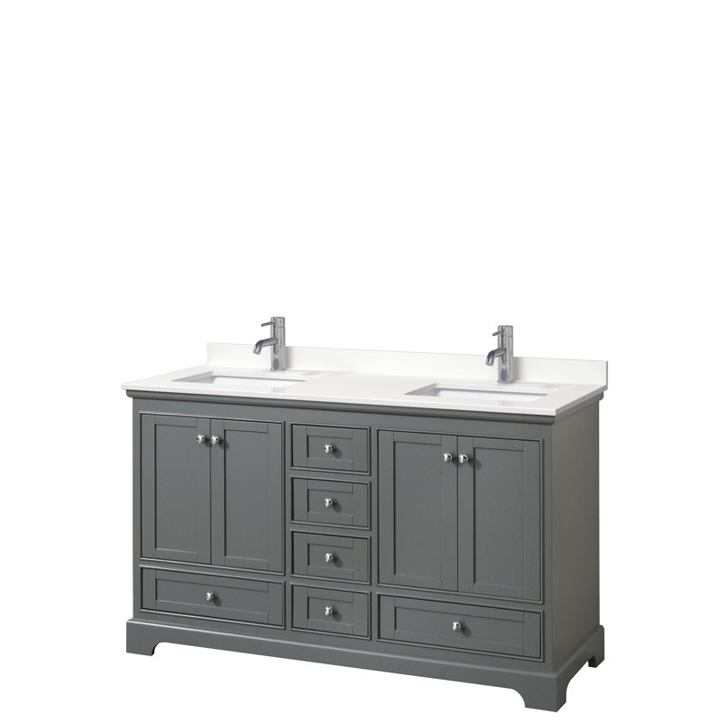 Meuble-lavabo double autoportant Deborah avec plateau en quartz, Quartz blanc, Gris foncé