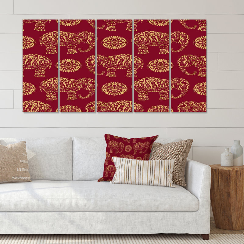 " Indian Elephant And Mandala On REd " 5 - Pieces