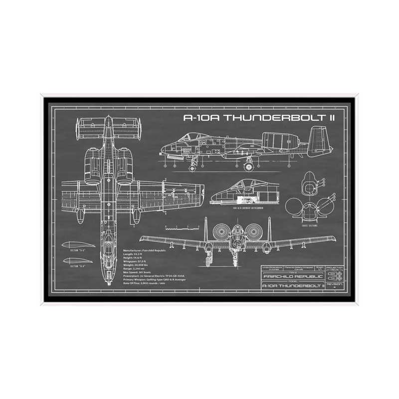 A-10 Thunderbolt II-imprimé de dessin, Pas de tapis, H 32 po x l 48 po x 1,5 po, Toile blanche encadrée