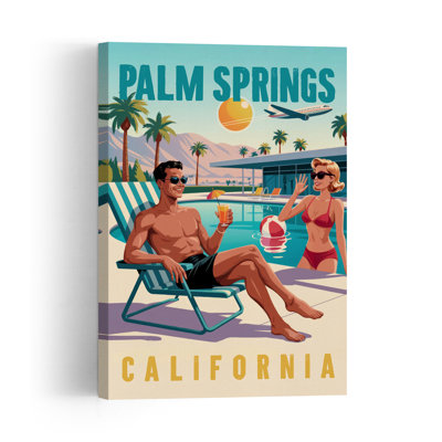 Palm Springs Poolside Glamour Modern Retro Vintage Palm Tree Landscape Mountain Wall Art Print by Andreas Magnusson - Wrapped Canvas Print