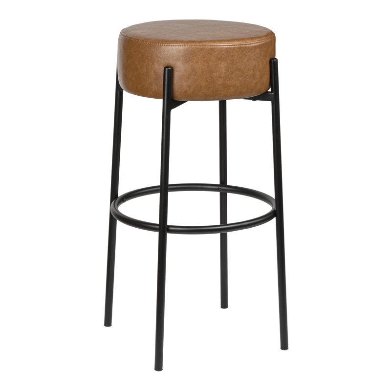 Paola 30" Industrial Round Backless Bar Stool, Caramel Brown Vegan Leather Seat and Black Metal Frame for Kitchen Island or Home Bar