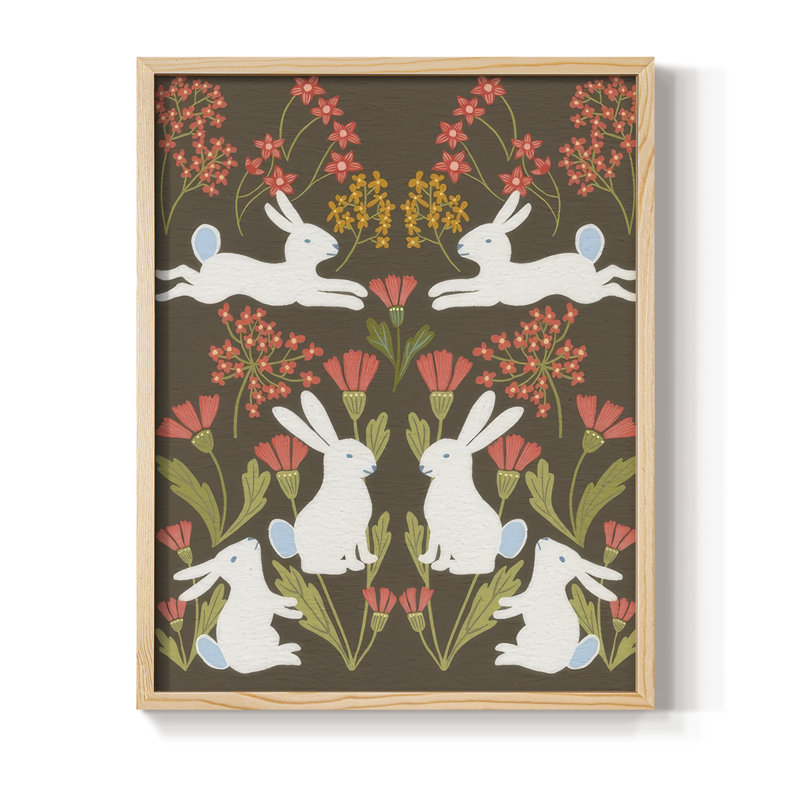«Folk Flower and Rabbit II», reproduction encadrée - bois massif, Naturel, H 21 po x l 17 po