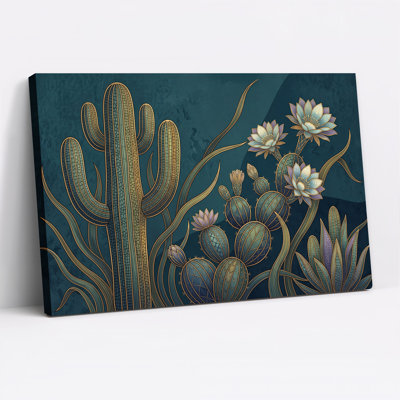 Toile dorée avec cactus et plantes grasses sur toile bleu sarcelle