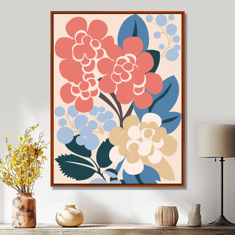Impression graphique de fleurs d'hortensia sur fond rose - hortensia, H 32 po x l 16 po, Cadre flottant brun, bois massif