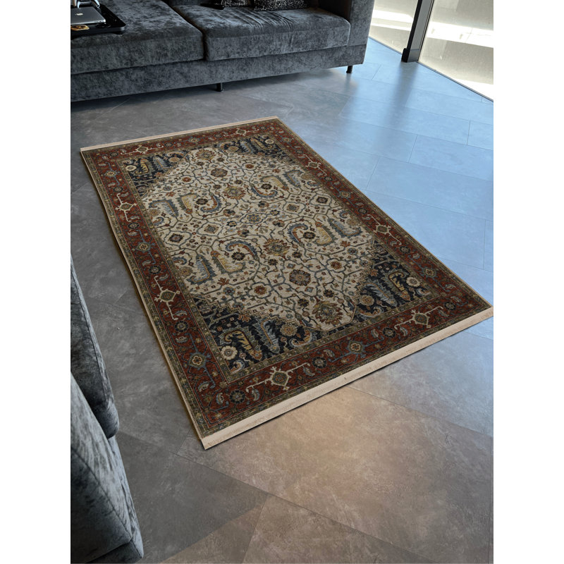 Tapis décoratif bourgogne et beige à motif frangé multicolore, Tapis de couloir 3 pi 9,81 po x 9 pi 10,11 po