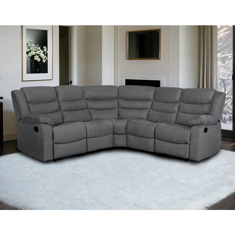 Reclining Sectional Sofa, Microfiber Manual 5 Seats Recliner Sectional Sofa with Cup Holders, Gray Microfiber