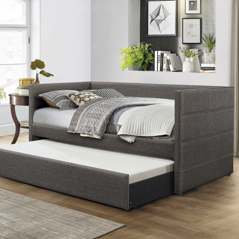 Lit de jour de style moderne avec lit gigogne en tissu gris foncé et tissu d'ameublement 1 pièce (lit de jour)