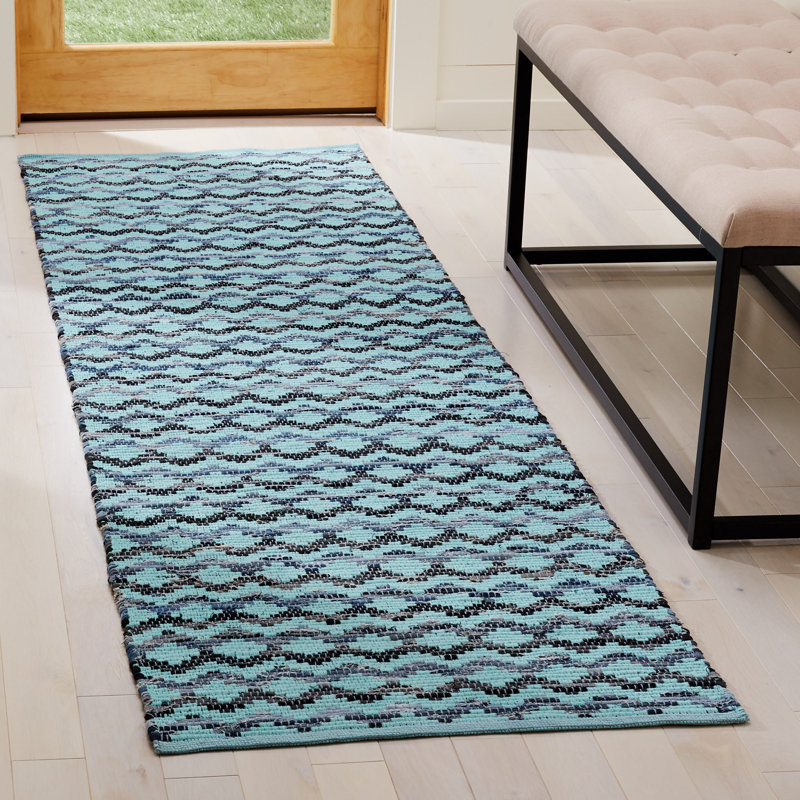 Tapis turquoise / bleu / noir en coton tissé à plat à la main Annia, Tapis de couloir 2 pi 3 po x 8 pi