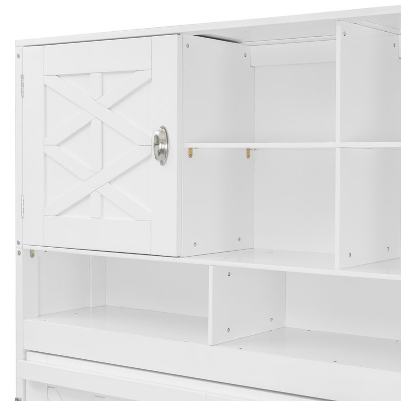 Grand lit escamotable mural blanc avec rayures losangées - Grand rangement et design chic
