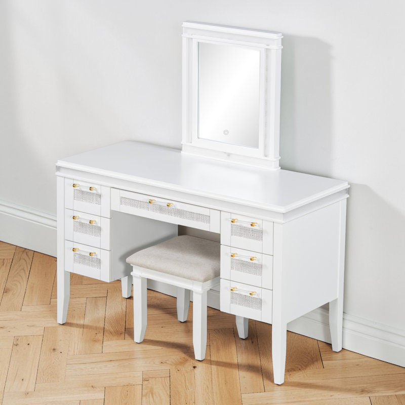 48" Makeup Vanity Set With Stool, LED Lighted Mirror, 7 Drawers Storage, Contemporary, Bedroom Dressing Area, Light Beige