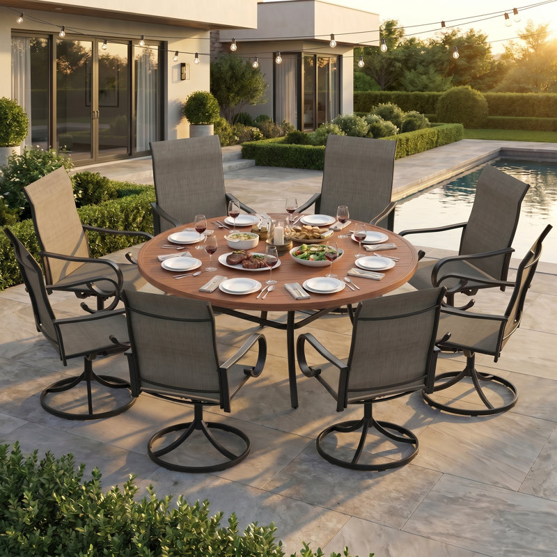 9-Piece Round Patio Dining Set With Swivel Armchairs, Brown, Walnut