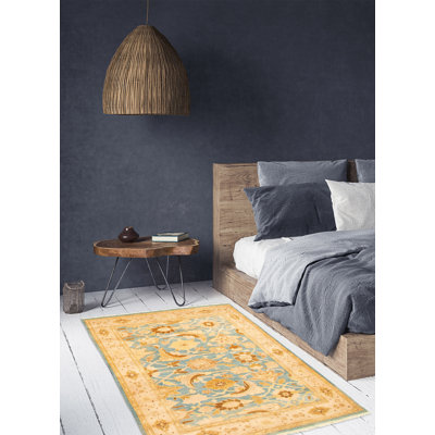 Tapis oriental bleu clair / brun / jaune en laine noué à la main Naugatuck