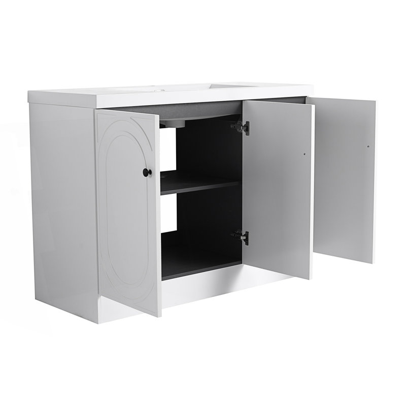 Meuble-lavabo autoportant avec lavabo en résine et 3 portes d'armoire à fermeture en douceur, Blanc