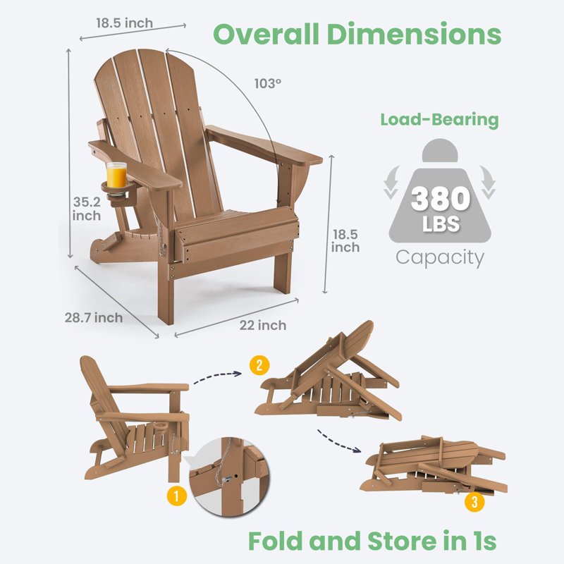 Chaise Adirondack pliante en PEHD pour patio, Teck
