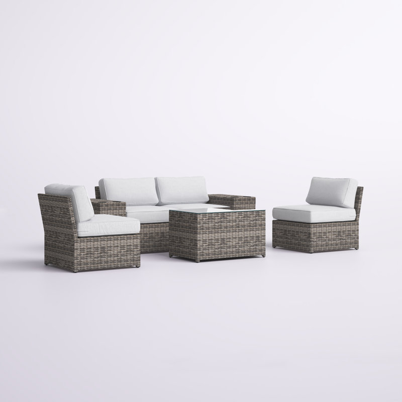 Ensemble de conversation en osier pour 4 personnes avec coussins Mae
